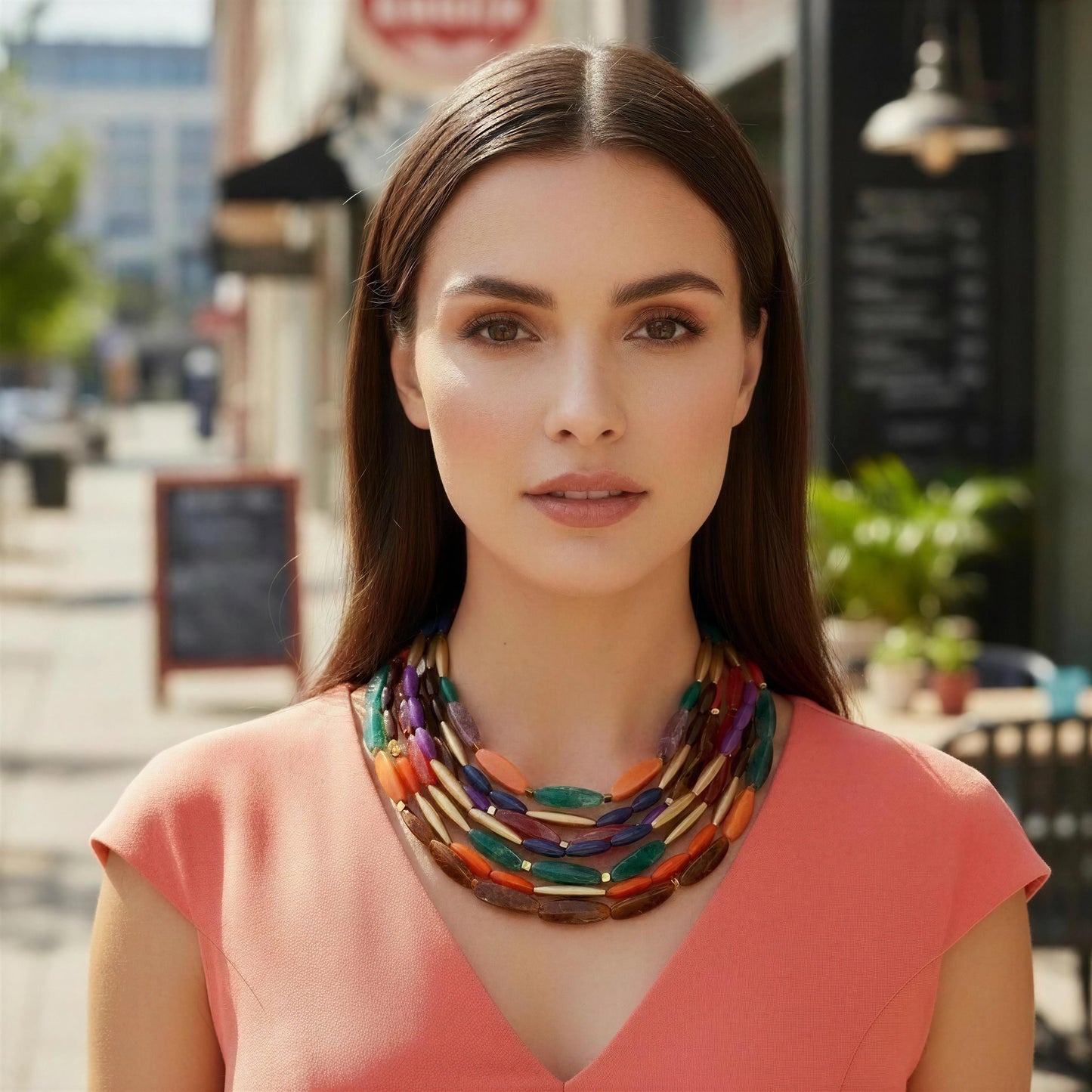 Woman wearing a colorful necklace in an outdoor setting