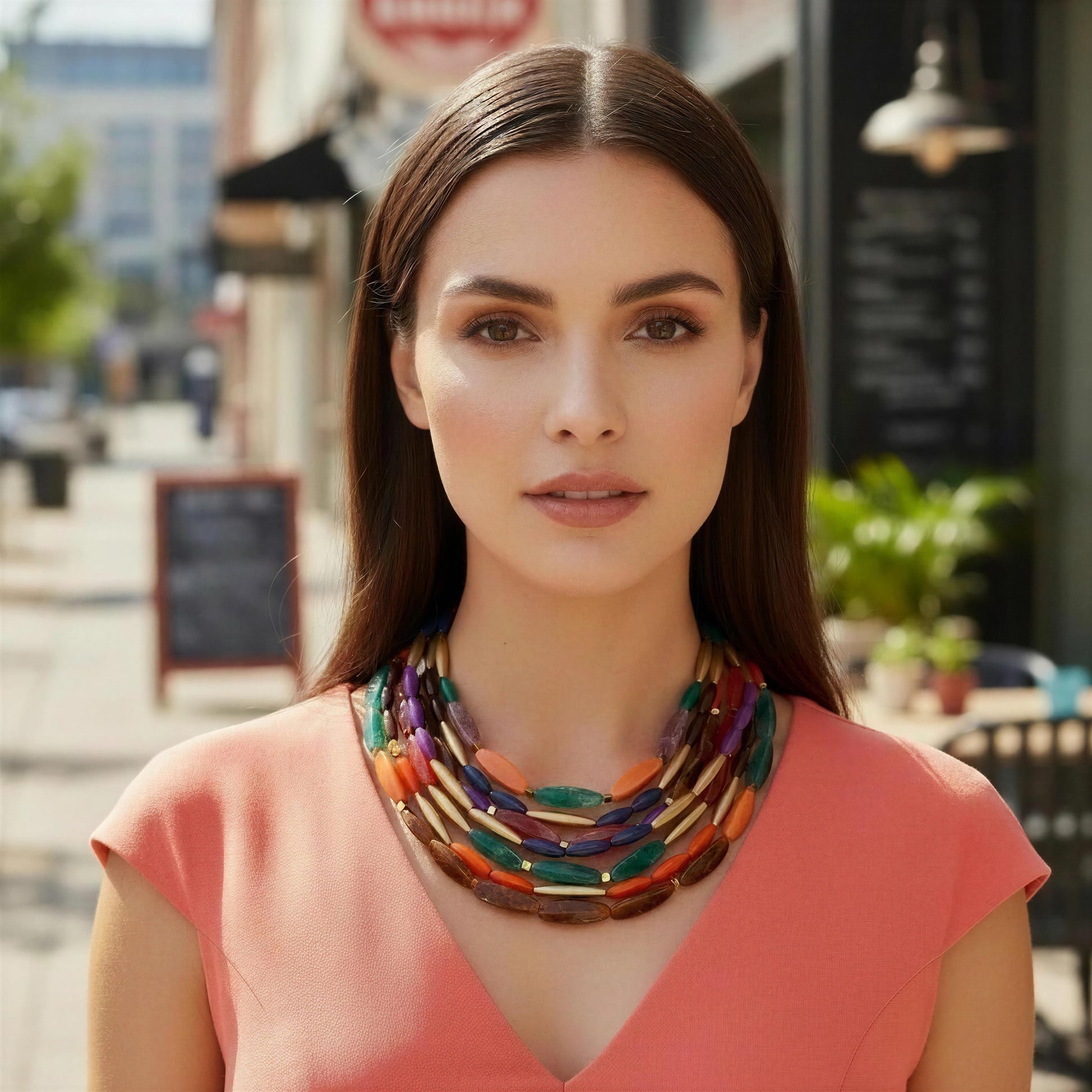 Woman wearing a colorful necklace in an outdoor setting