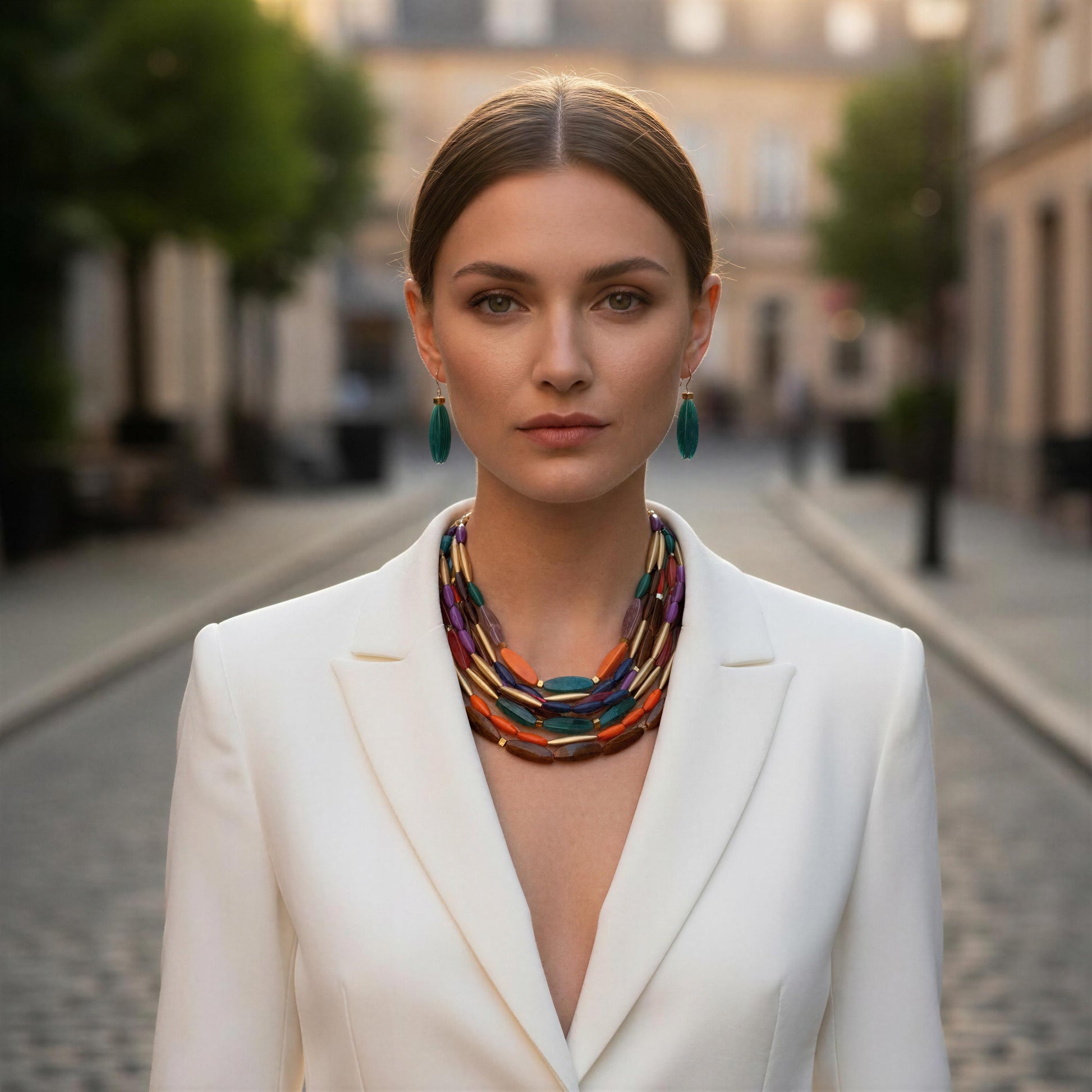 Woman wearing a the Riviera Mosaic Necklace Set and white blazer on a blurred street background