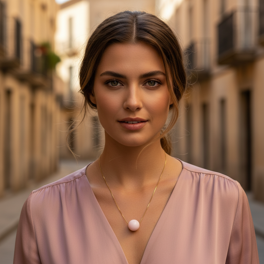 Woman wearing a pink blouse and the Rosé Sphere Statement Necklace in an urban setting