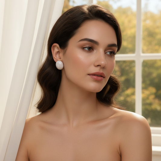 Model wearing Rosina Studs in Ivory Mist, pearlescent ivory marbled stud earrings in soft natural light
