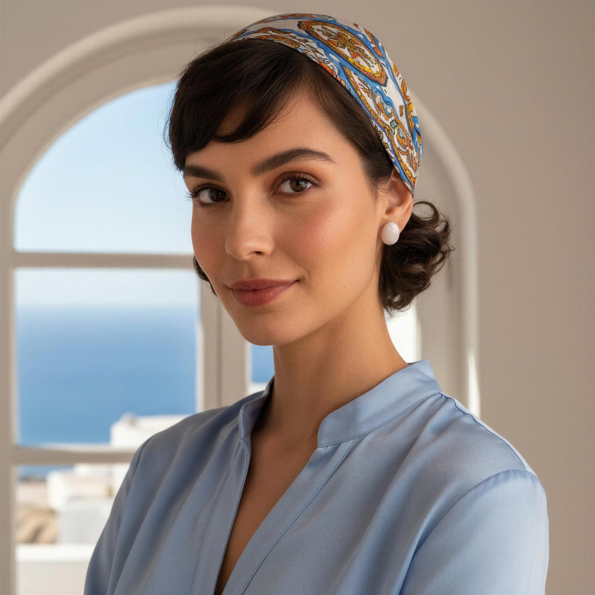 Woman wearing a patterned headscarf, light blue top, and the Rosina Studs - Ivory Mist-  standing in a room with a window view of the ocean.