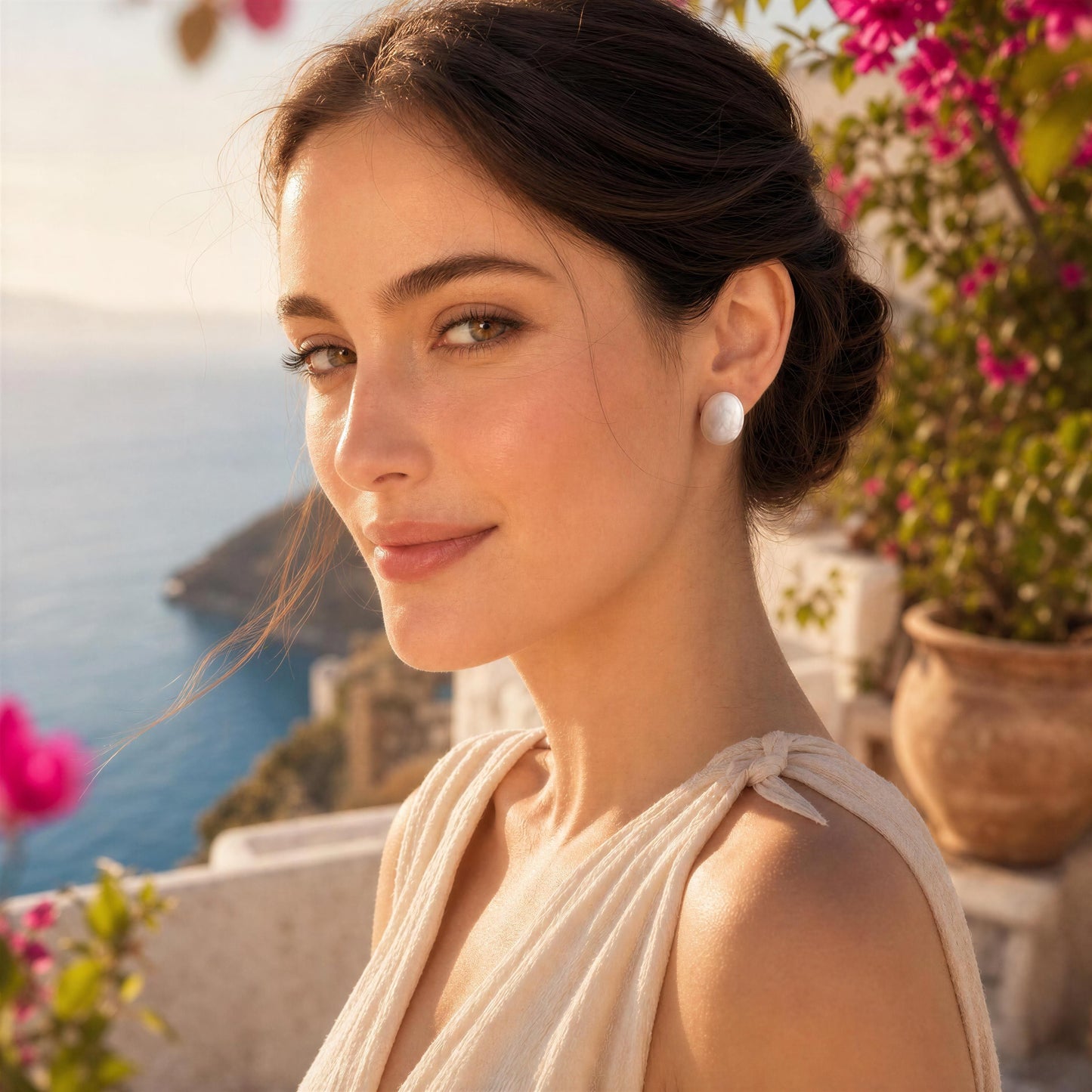 Woman with a scenic background of a coastal view with flowers wearing the Rosina Studs - Ivory Mist.