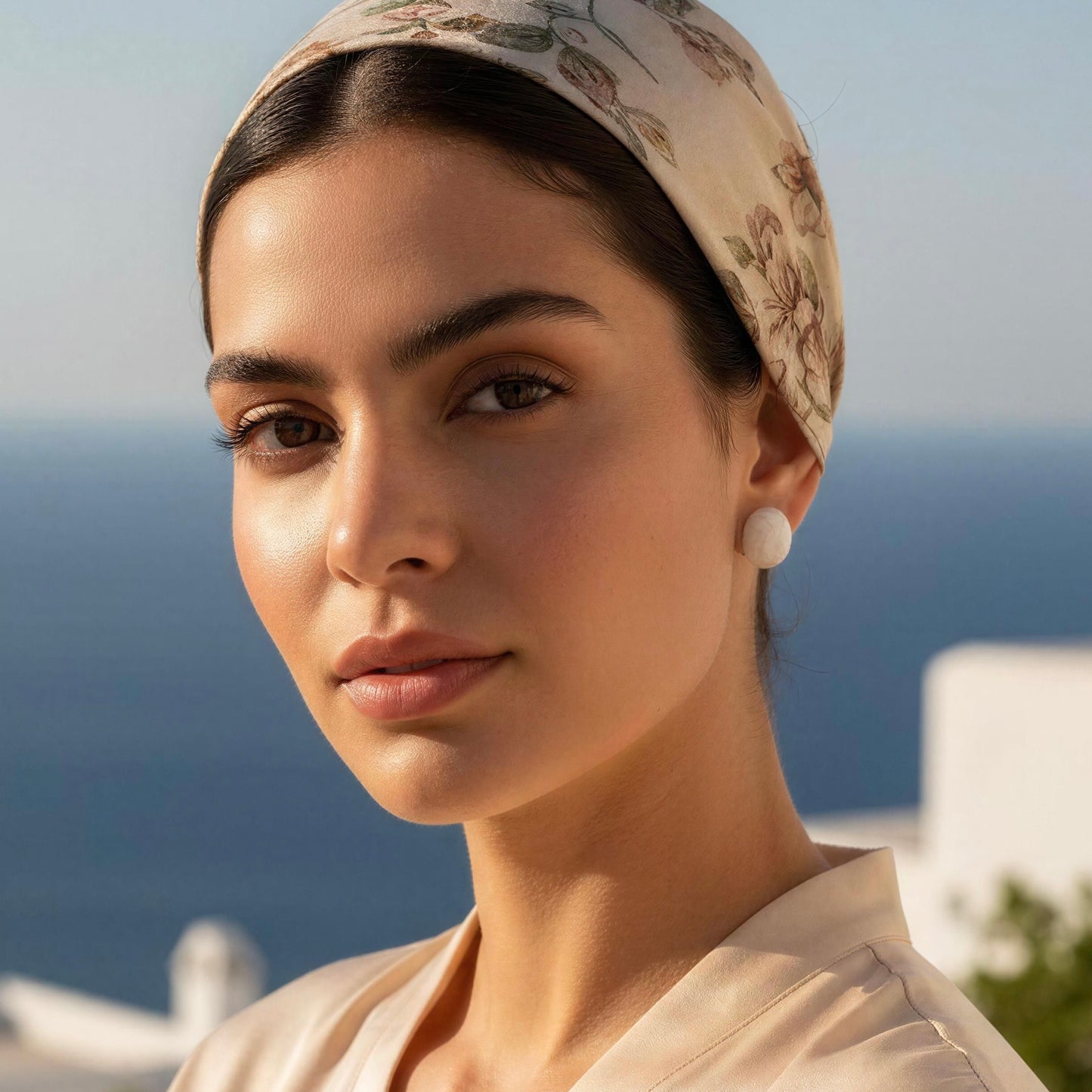 Woman wearing a floral headscarf and the Rosina Studs - Ivory Mist with a blurred ocean background