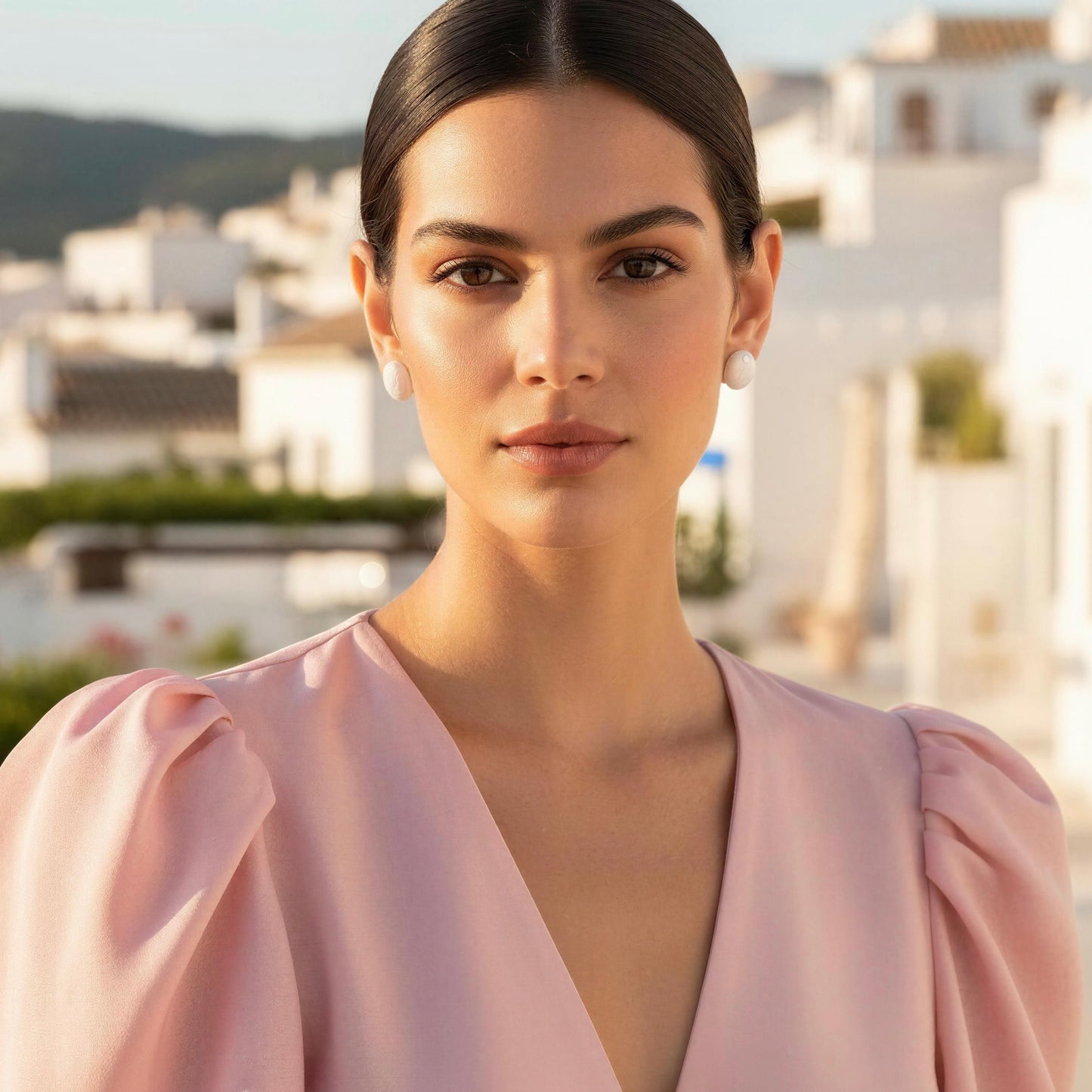 Woman in a pink dress with a scenic background wearing the Rosina Studs - Ivory Mist. 
