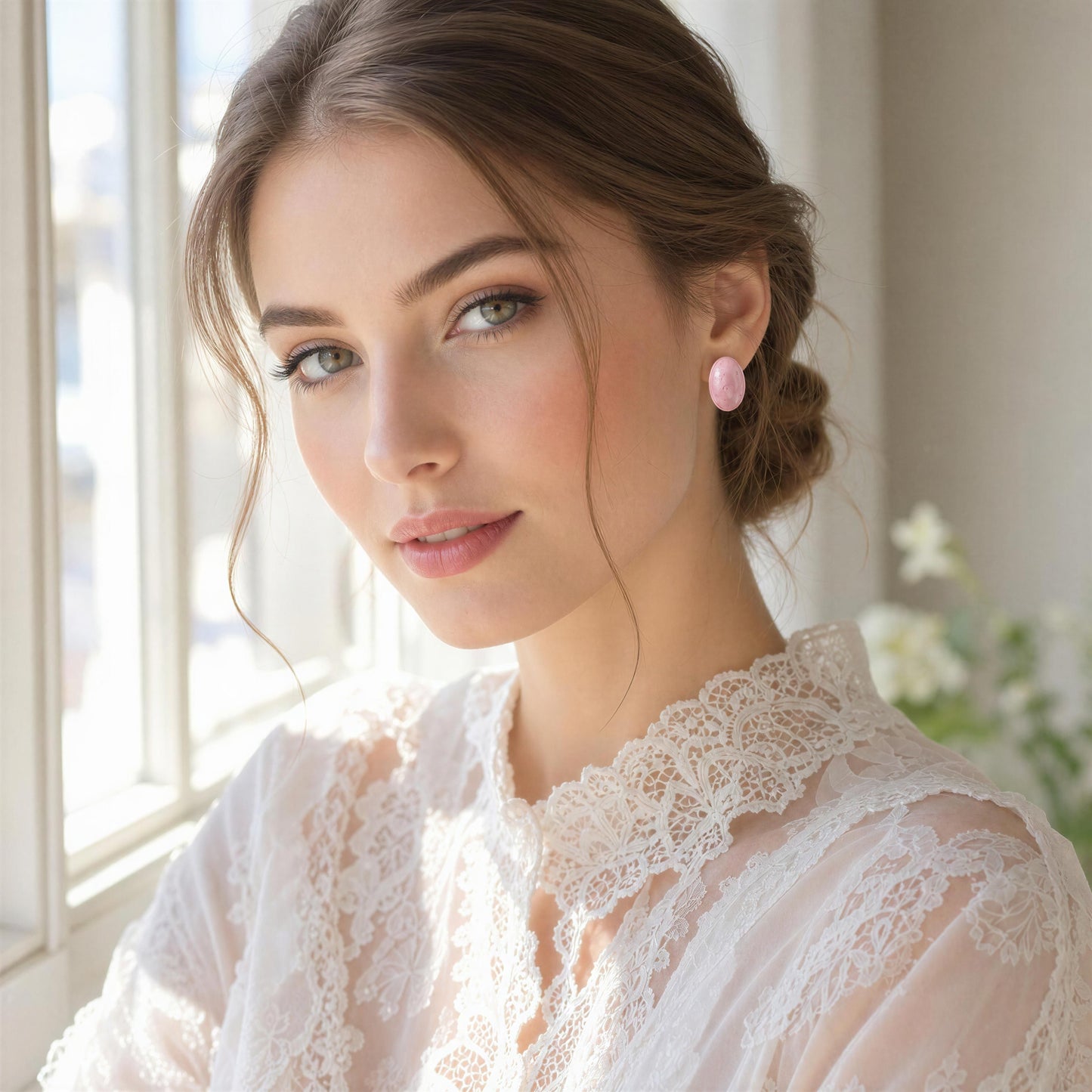 Woman wearing a white lace top and the Rosina Studs - Pink with a blurred background 