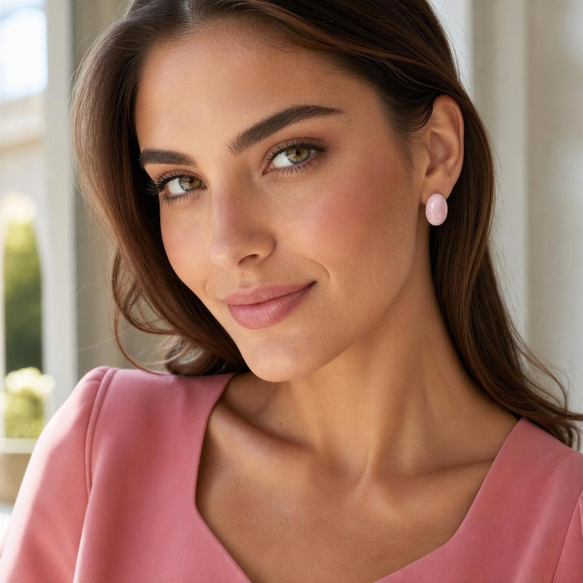 Woman wearing pink earrings with a blurred indoor background