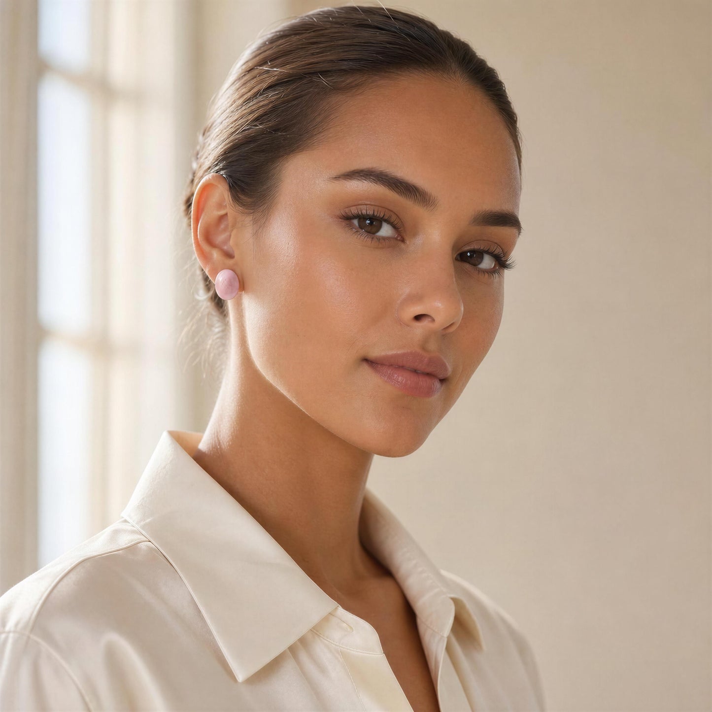 Woman wearing a white shirt with a neutral background and the Rosina Studs - Pink