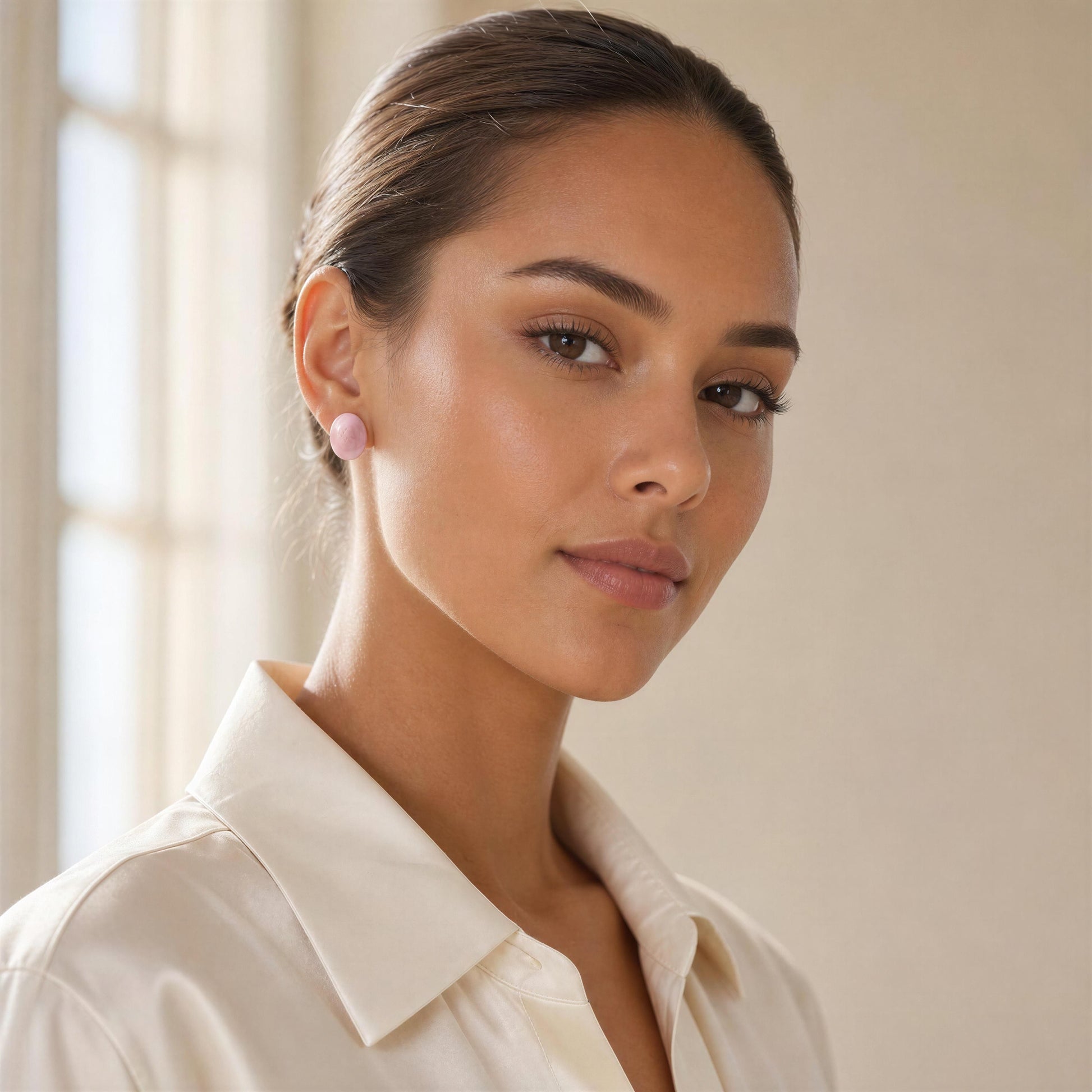 Woman wearing a white shirt with a neutral background and the Rosina Studs - Pink
