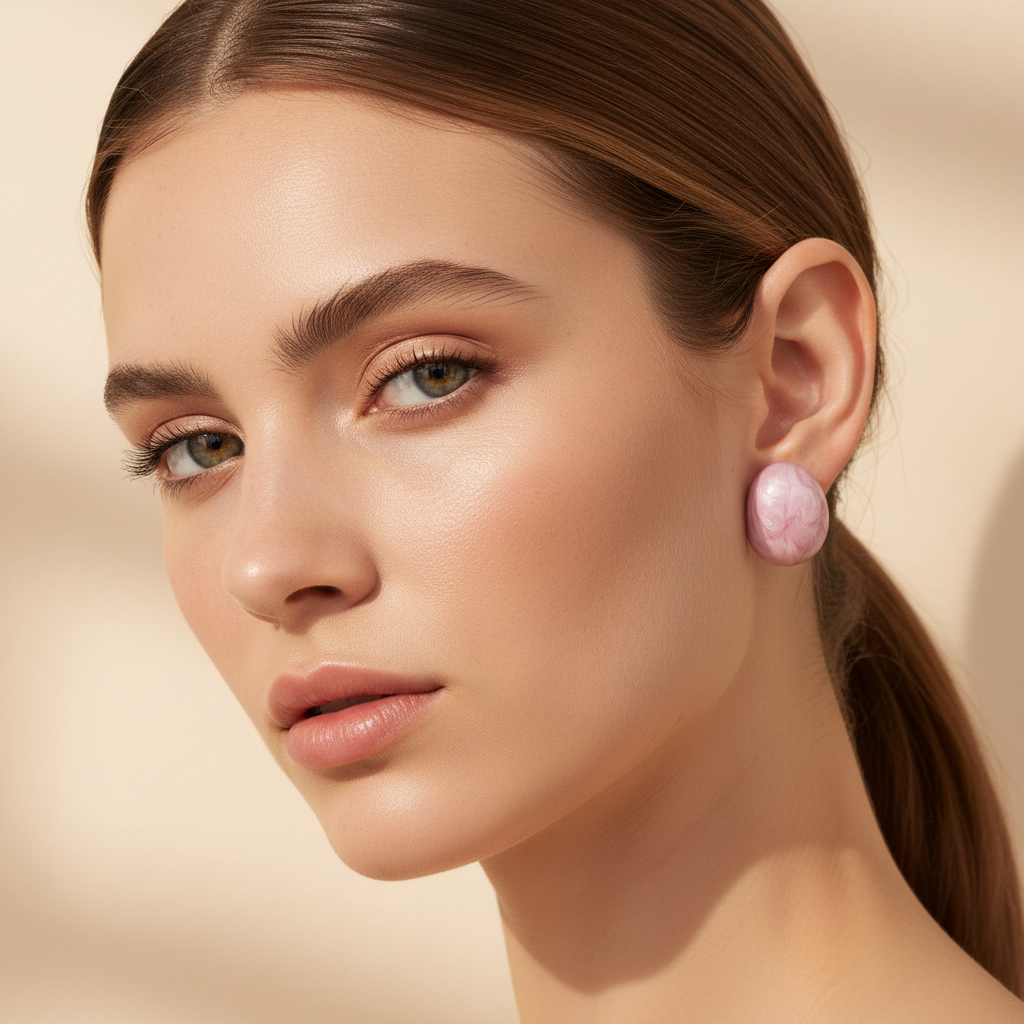 Close-up of a woman wearing pink earrings against a beige background
