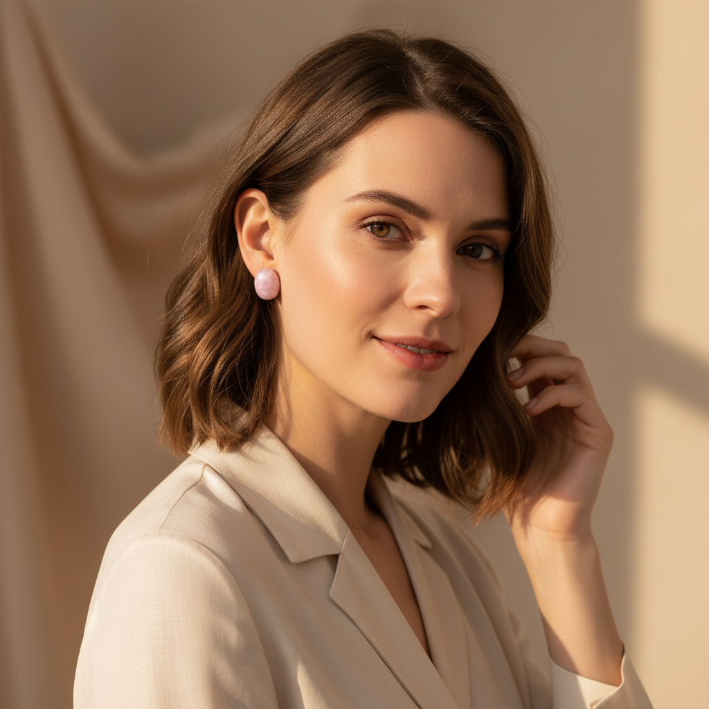 Woman wearing a beige blazer against a beige background and the Rosina pink studs from Chica Chica Jewelry