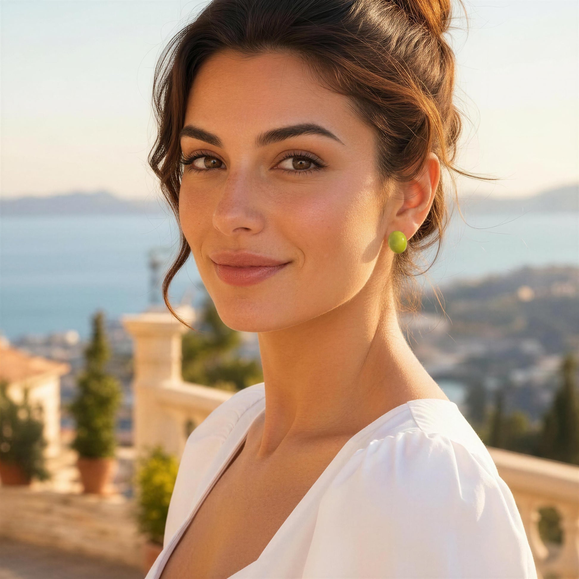 Woman with a white top standing outdoors with a scenic background wearing the Rosina Studs - Verde Luxe