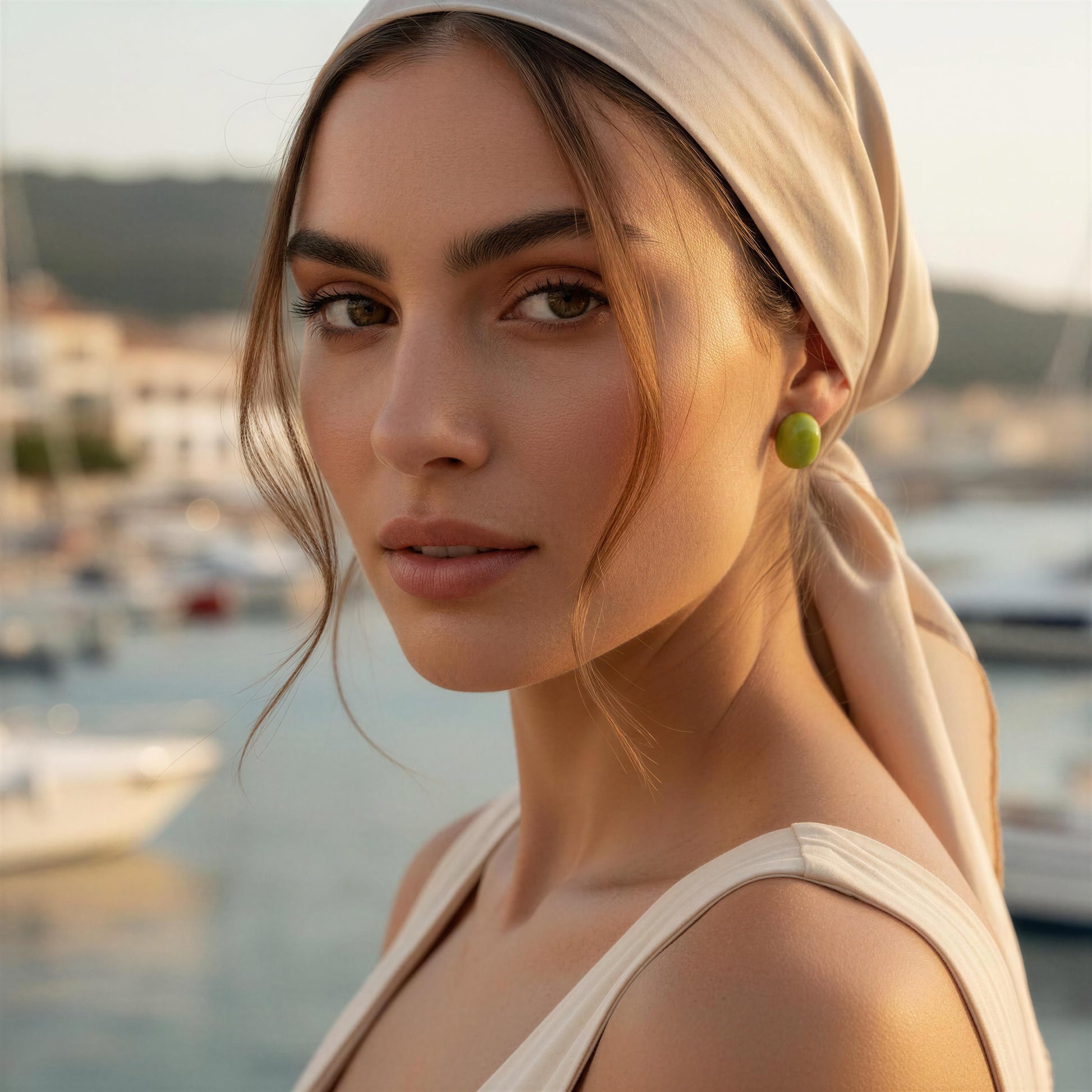 Woman with a headscarf wearing the Rosina Studs - Verde Luxe in a marina setting