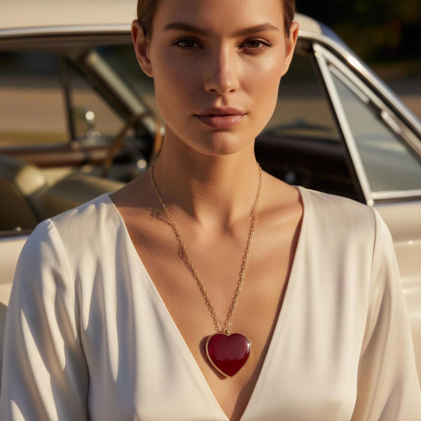 Woman wearing the Rosso Heart Necklace with a heart pendant in front of an old car.