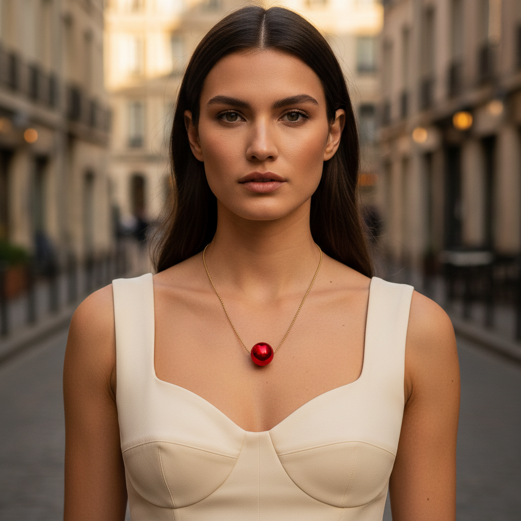 Woman wearing a white sleeveless top with a red pendant necklace on a blurred street background