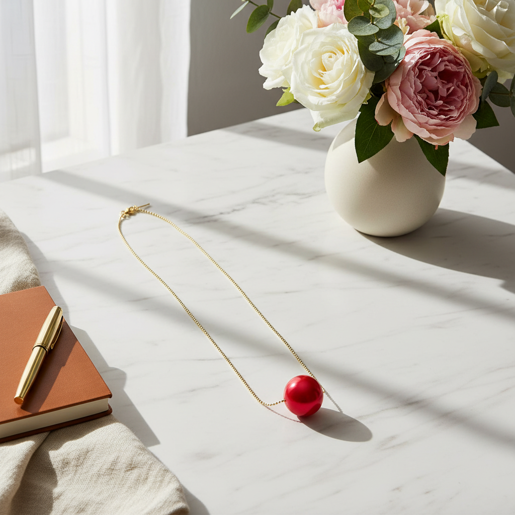 Gold necklace with a red pendant on a marble surface next to a vase of flowers and a notebook.