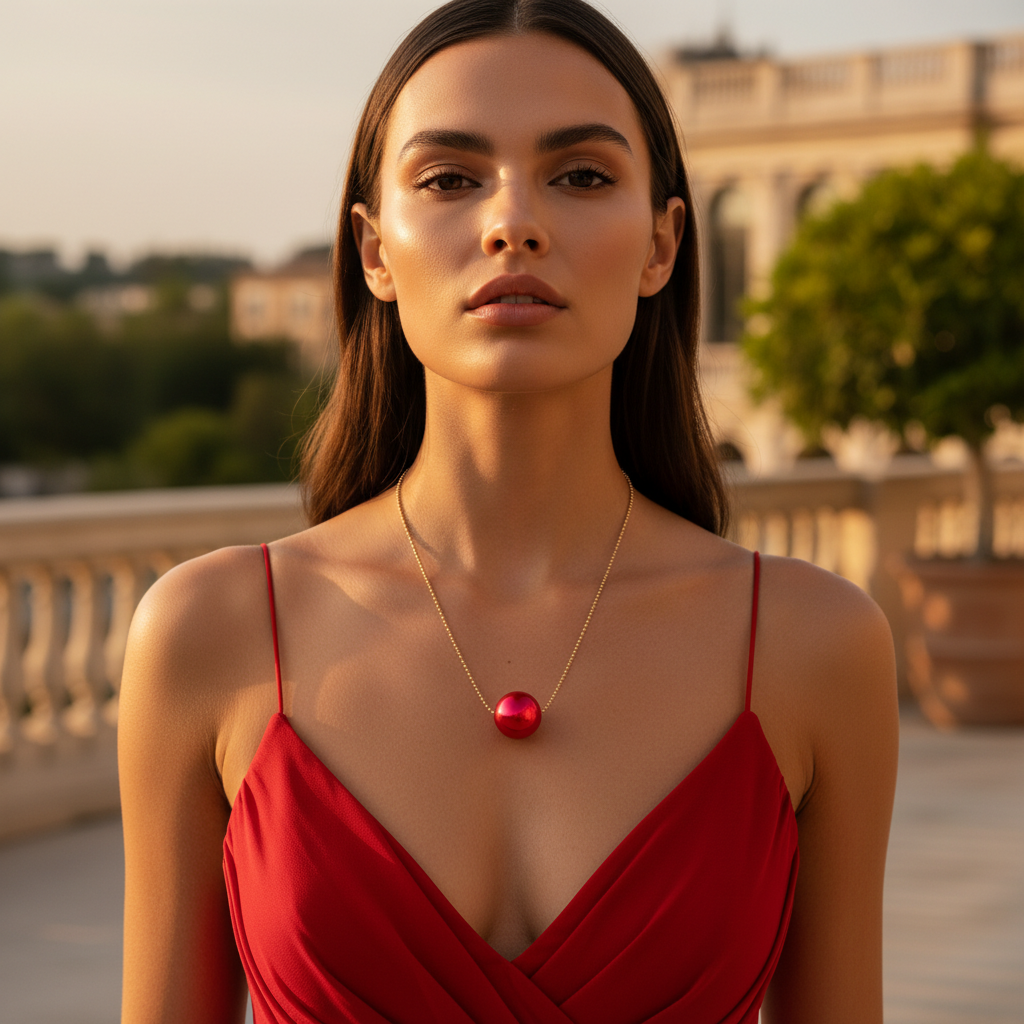 Woman wearing a red dress and the Rubi Petite Sphere Necklace outdoors.