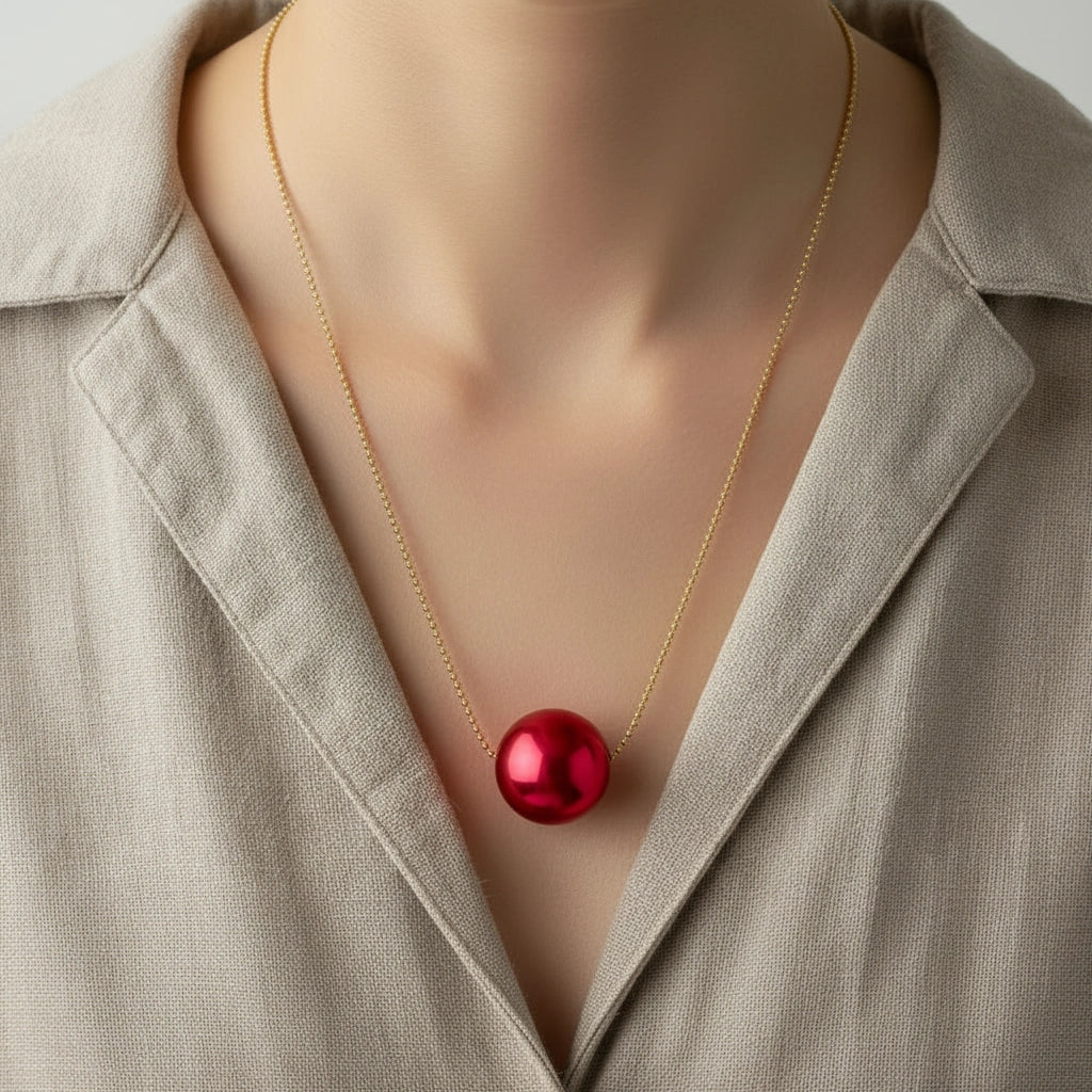 The Rubi Petite Sphere Necklace worn by a person in a beige jacket.