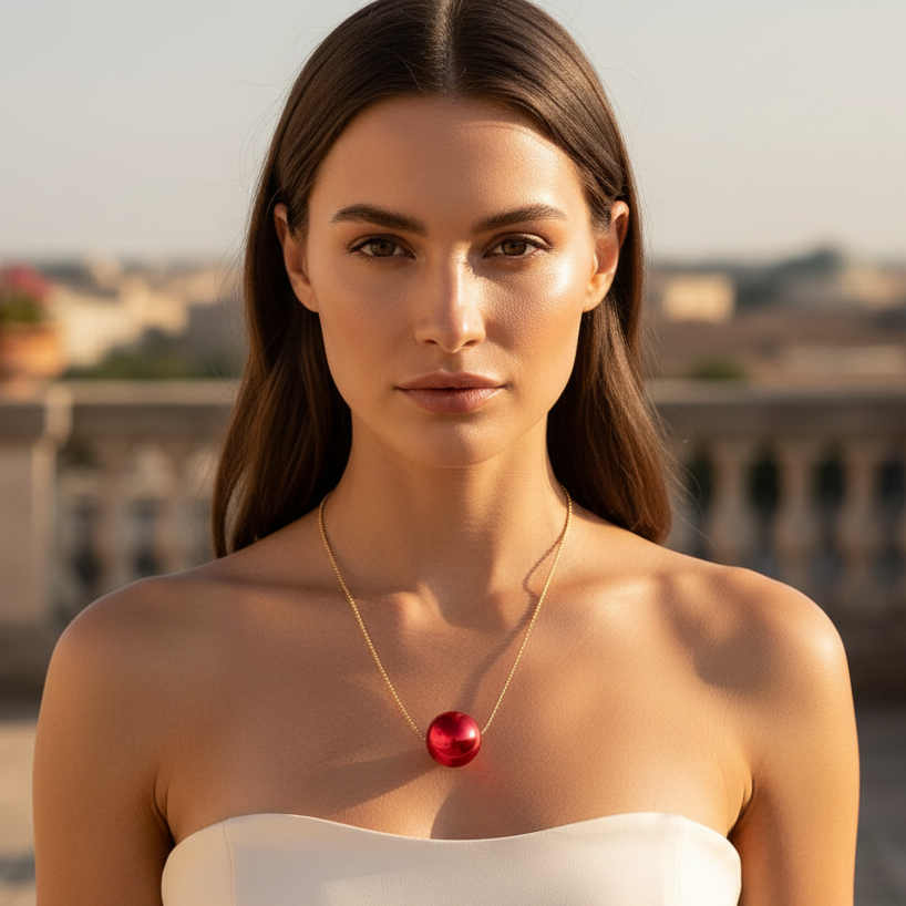 Woman wearing a strapless white dress and a necklace with a red pendant on a blurred outdoor background