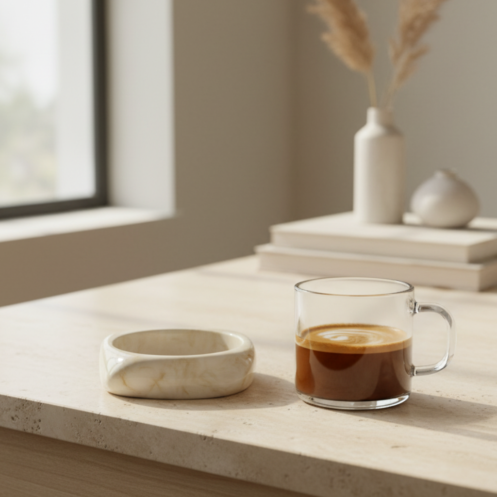 Glass mug with coffee on a wooden surface near a window and the Sandy Glow Bracelet.