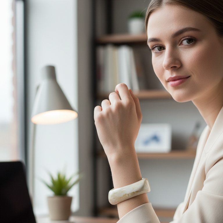 Woman sitting in a modern office setting with a blurred background wearing the Sandy Glow Bracelet