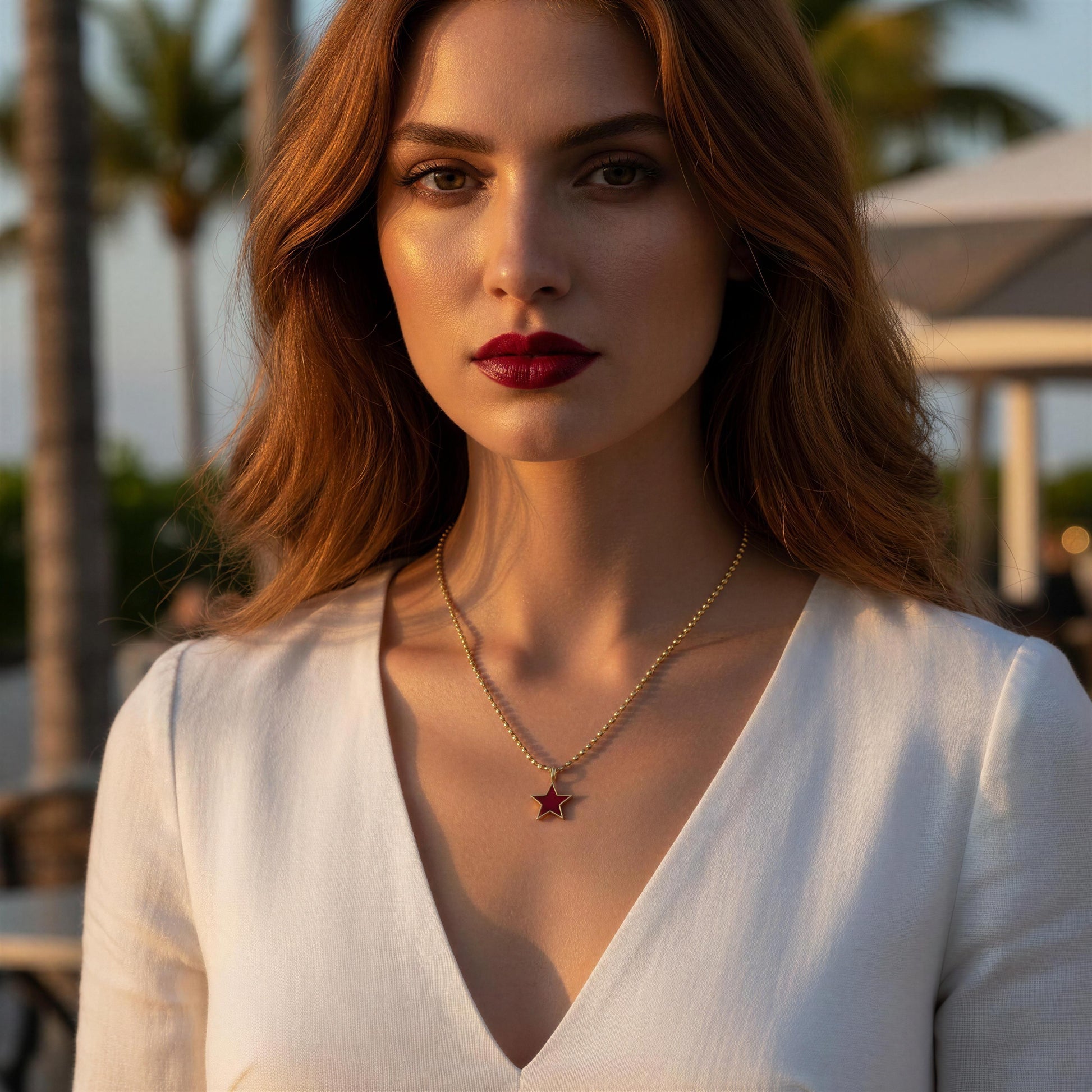 Woman wearing a white top with the Scarlet Star Necklace in an outdoor setting.