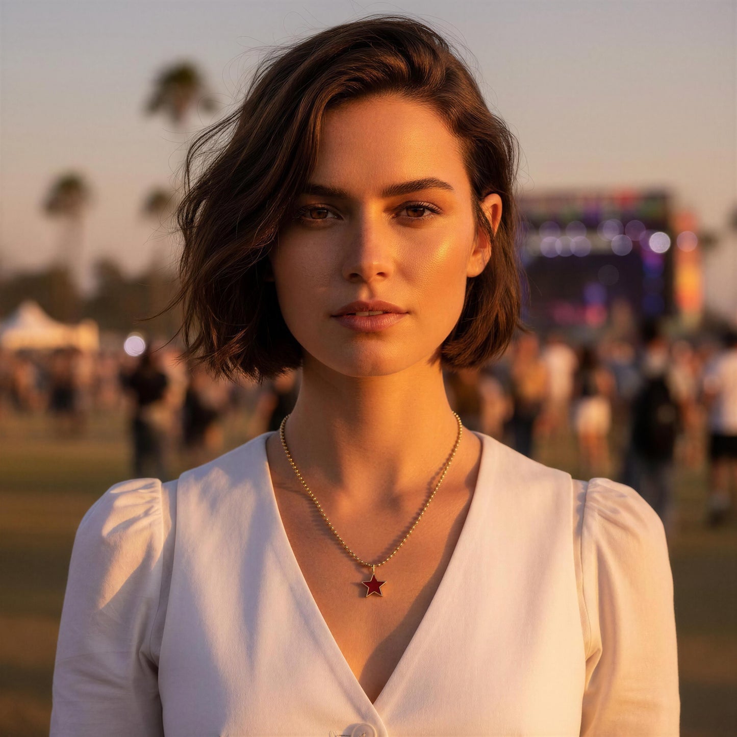Woman in a white blouse with the Scarlet Star Necklace at a festival.
