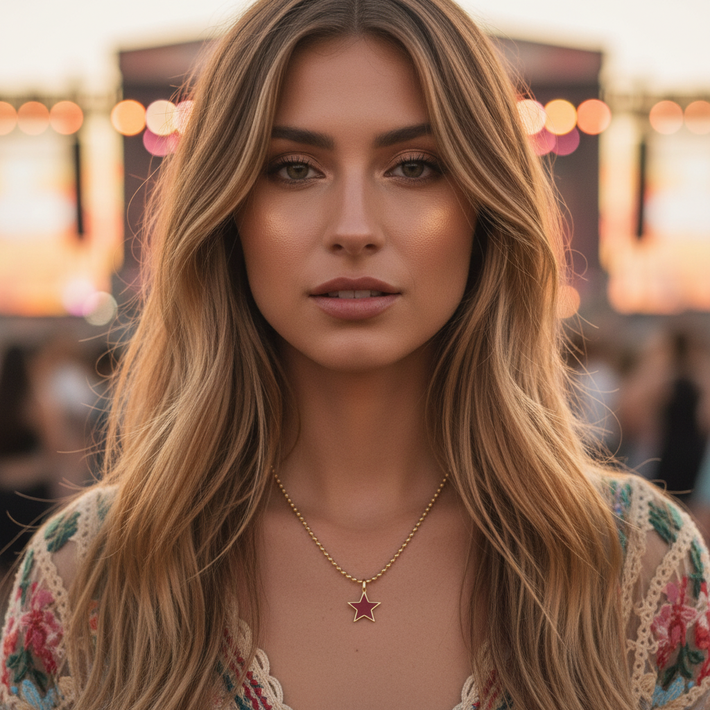 Woman with long blonde hair wearing the Scarlet Star Necklace in an outdoor setting with blurred lights in the background