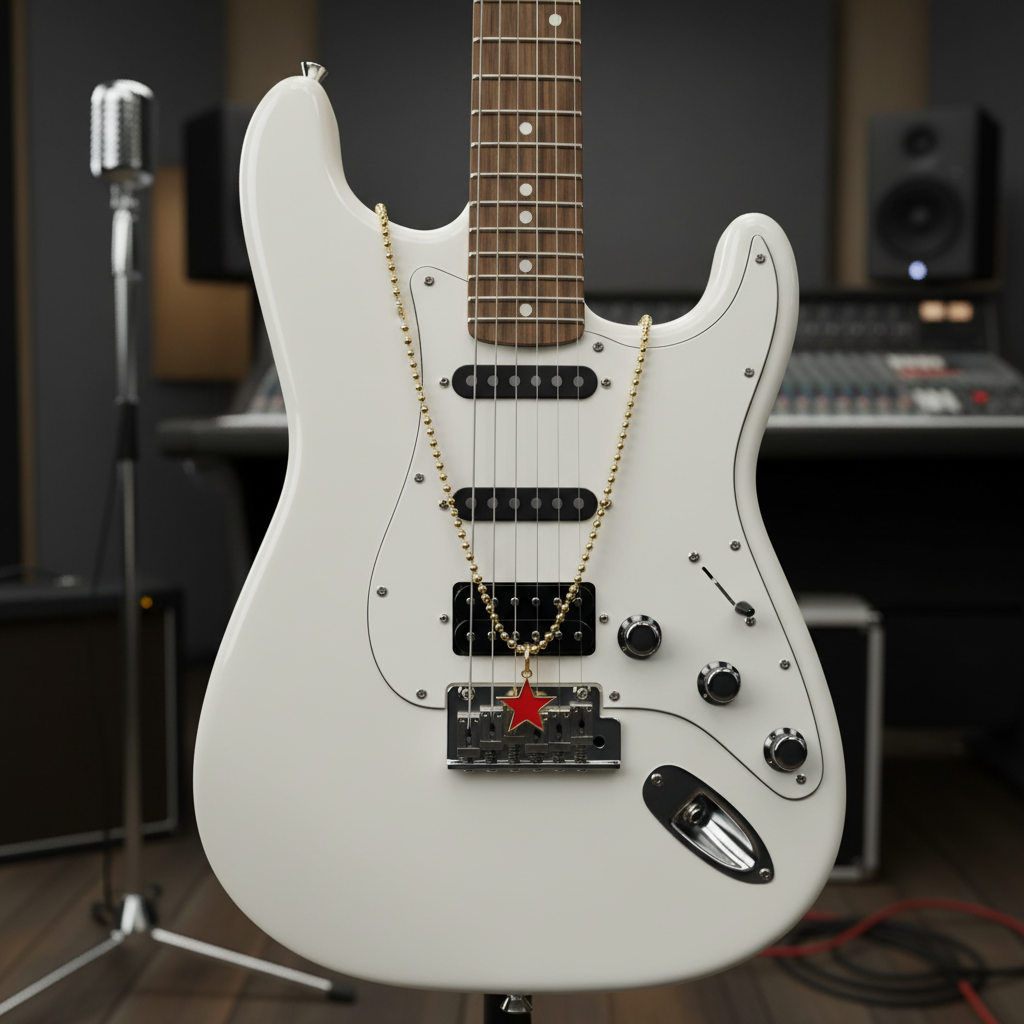 White electric guitar with Scarlet Star Necklace on the pickguard in a music studio setting. 