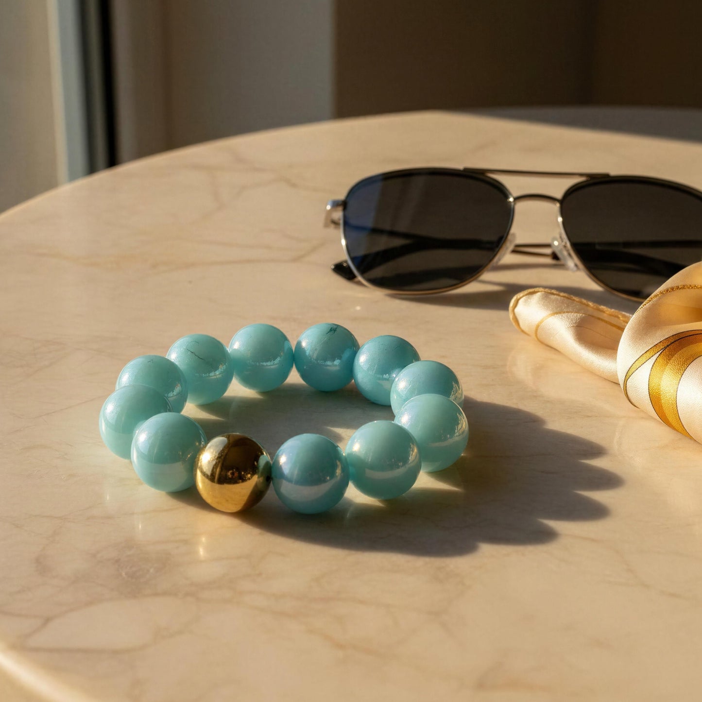 The Seafoam Glow bracelet on  a marble surface next to sunglasses and a gold ring.