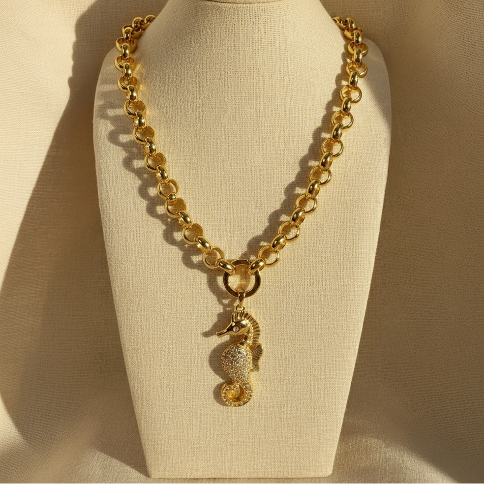 The Seahorse Statement Necklace with a seahorse pendant on a mannequin bust.