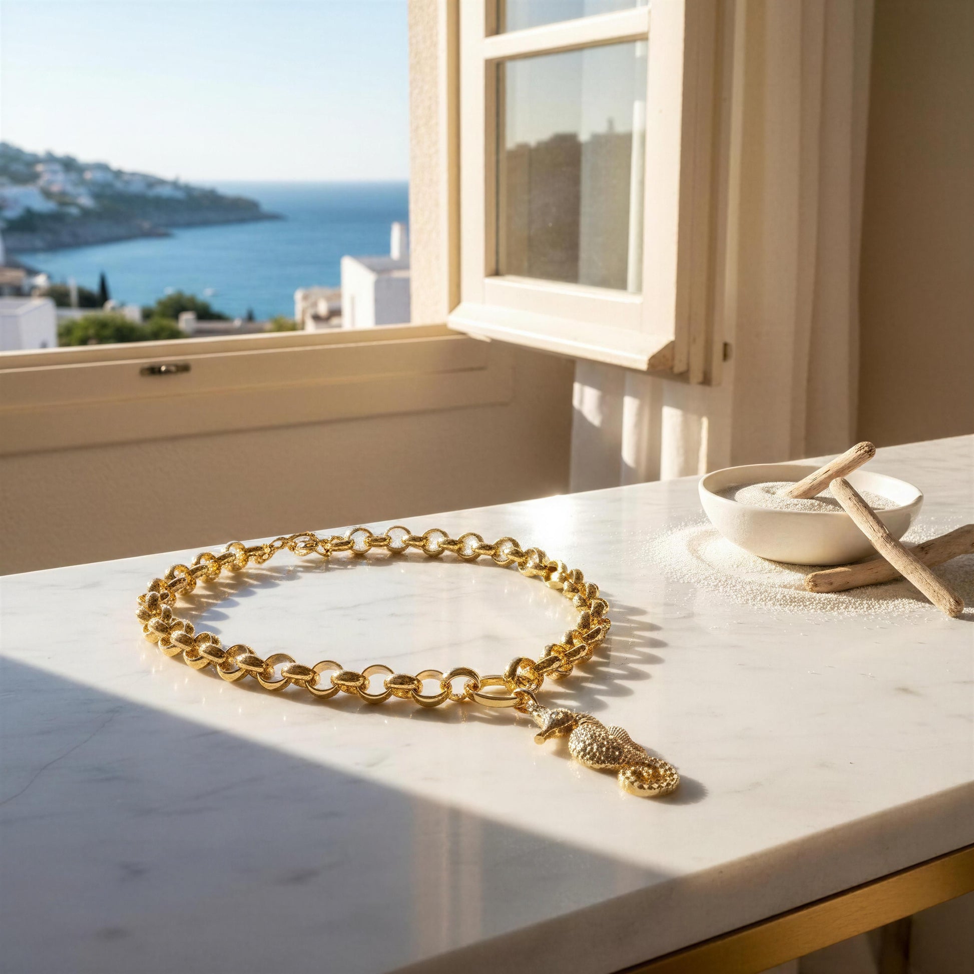 The Seahorse Statement Necklace on a marble surface with a scenic view through a window.