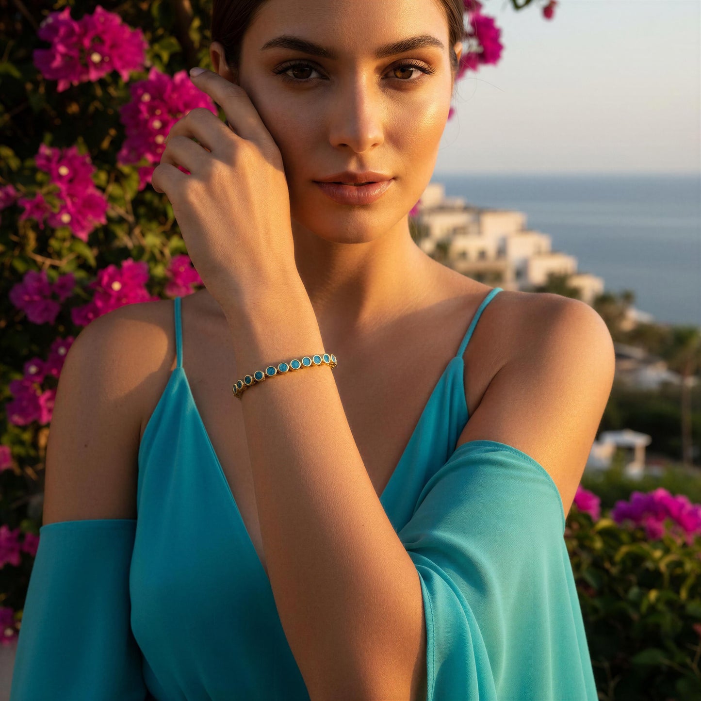 A woman in a turquoise off-the-shoulder top wears the Siena Turquoise Tennis Bracelet, posed outdoors against a background of pink flowers and the sea.