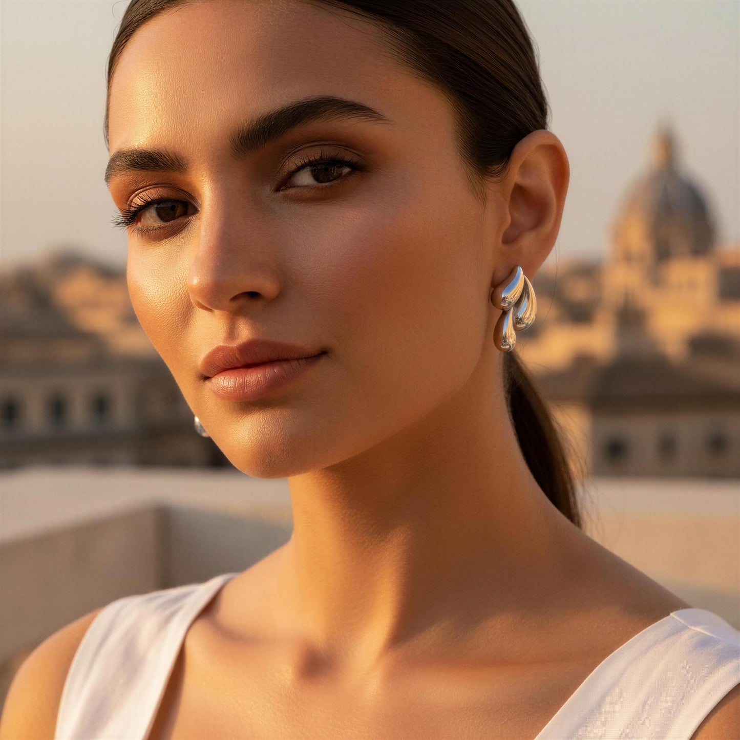 Woman with the Silver Molten Wave Drop Earrings against a blurred cityscape background.