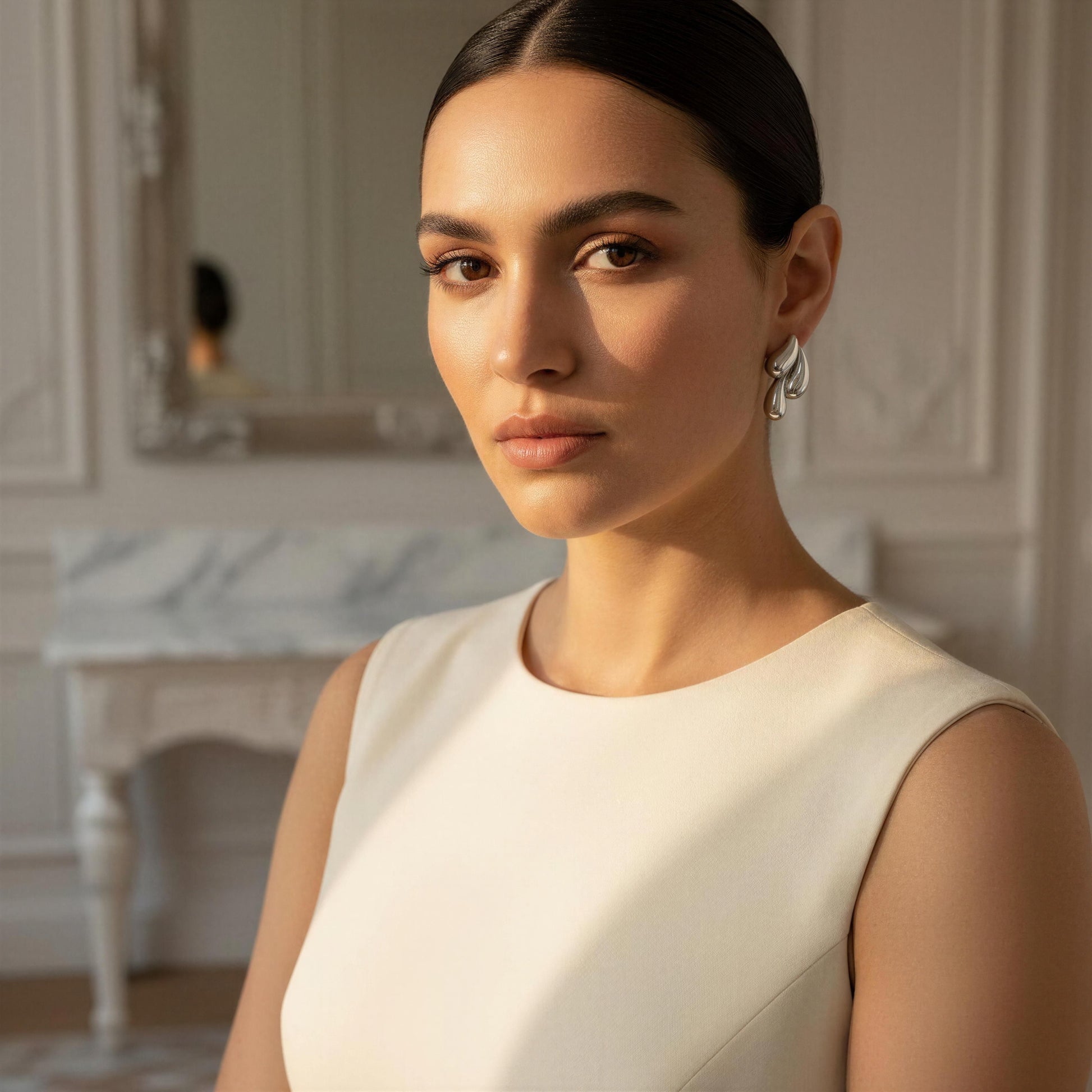 Woman in a white dress standing in an elegant room with a mirror and table wearing the Silver Molten Wave Drop Earrings.