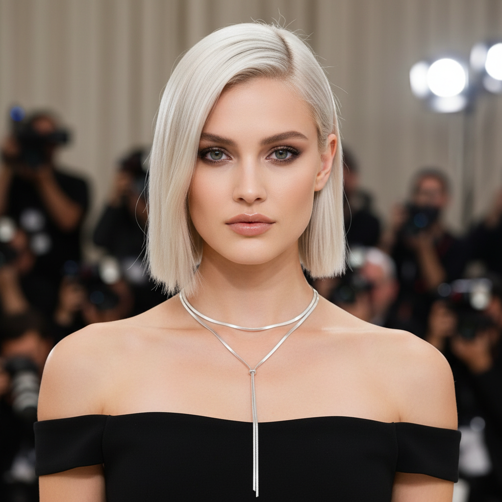 Woman with short blonde hair wearing a black off-shoulder dress and silver necklace in a blurred event setting.