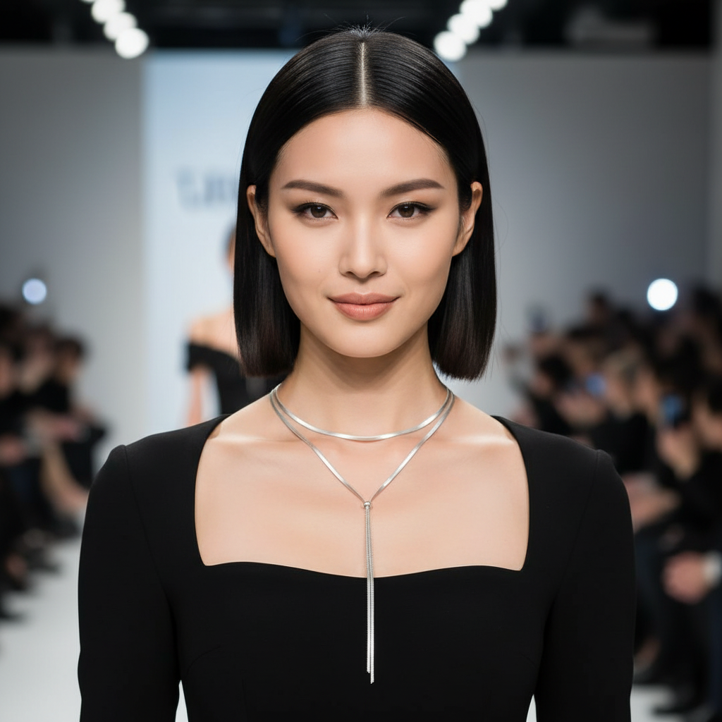 Model wearing a black outfit with a silver necklace at a fashion show.