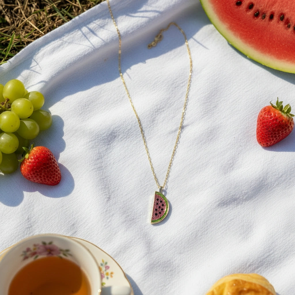 Chica Chica Jewelry Necklace with watermelon slice pendant on a white cloth with fruits and tea.