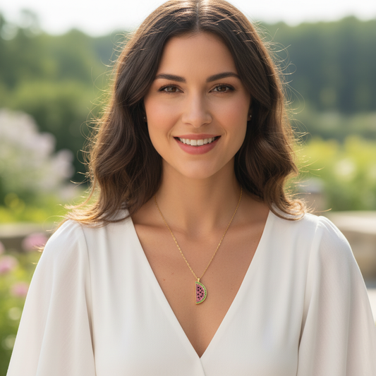 Woman wearing a white top and gold necklace from Chica Chica Jewelry with a pink gemstone outdoors.