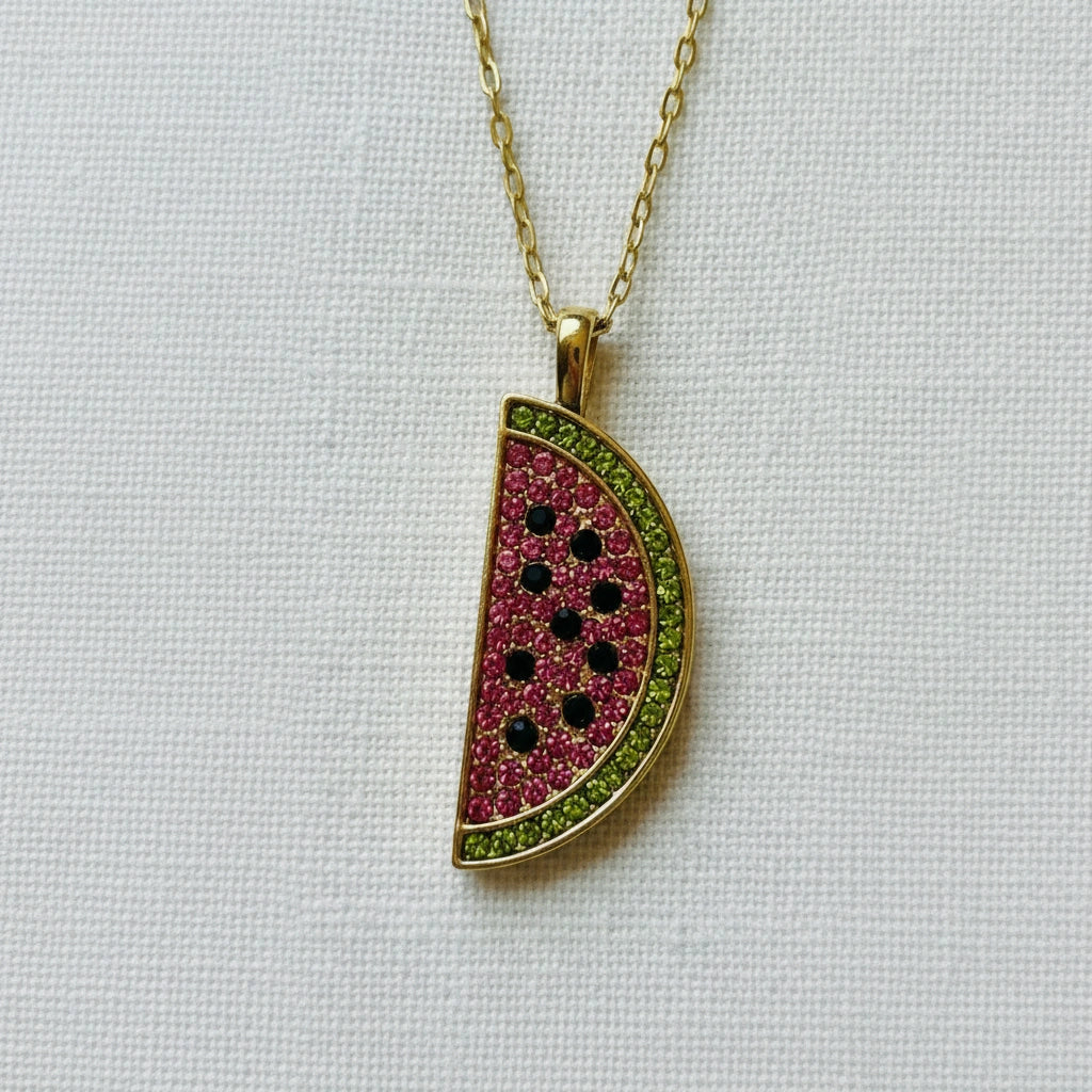 Gold  Chica Chica Jewelry necklace with a watermelon slice pendant on a light gray background
