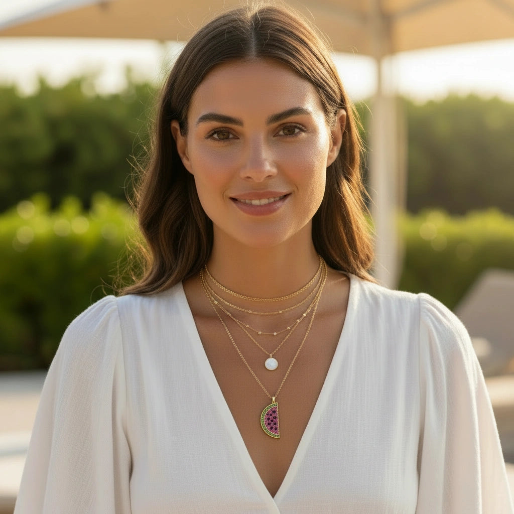 Woman wearing layered necklaces outdoors and a Chica Chica Jewelry watermelon necklace