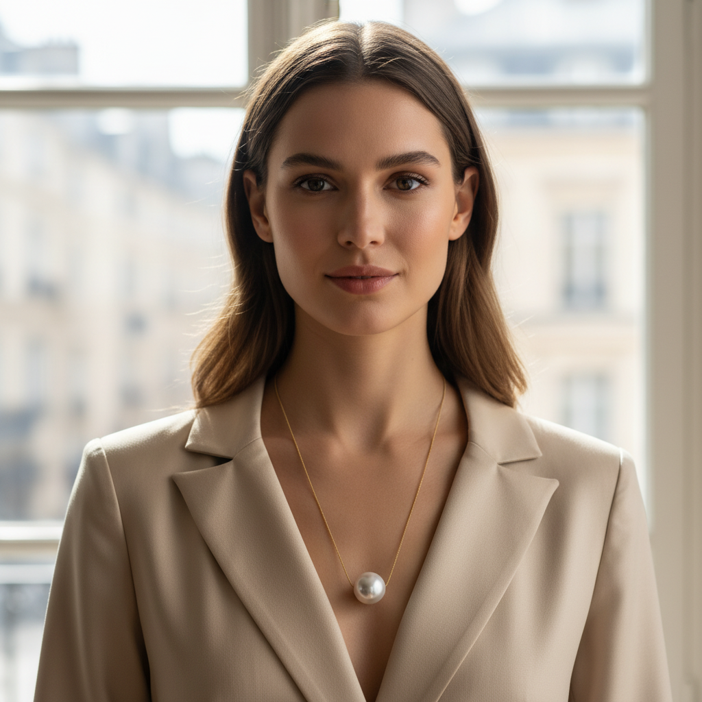 Woman wearing a beige blazer and pearl necklace in front of a window with a cityscape view.