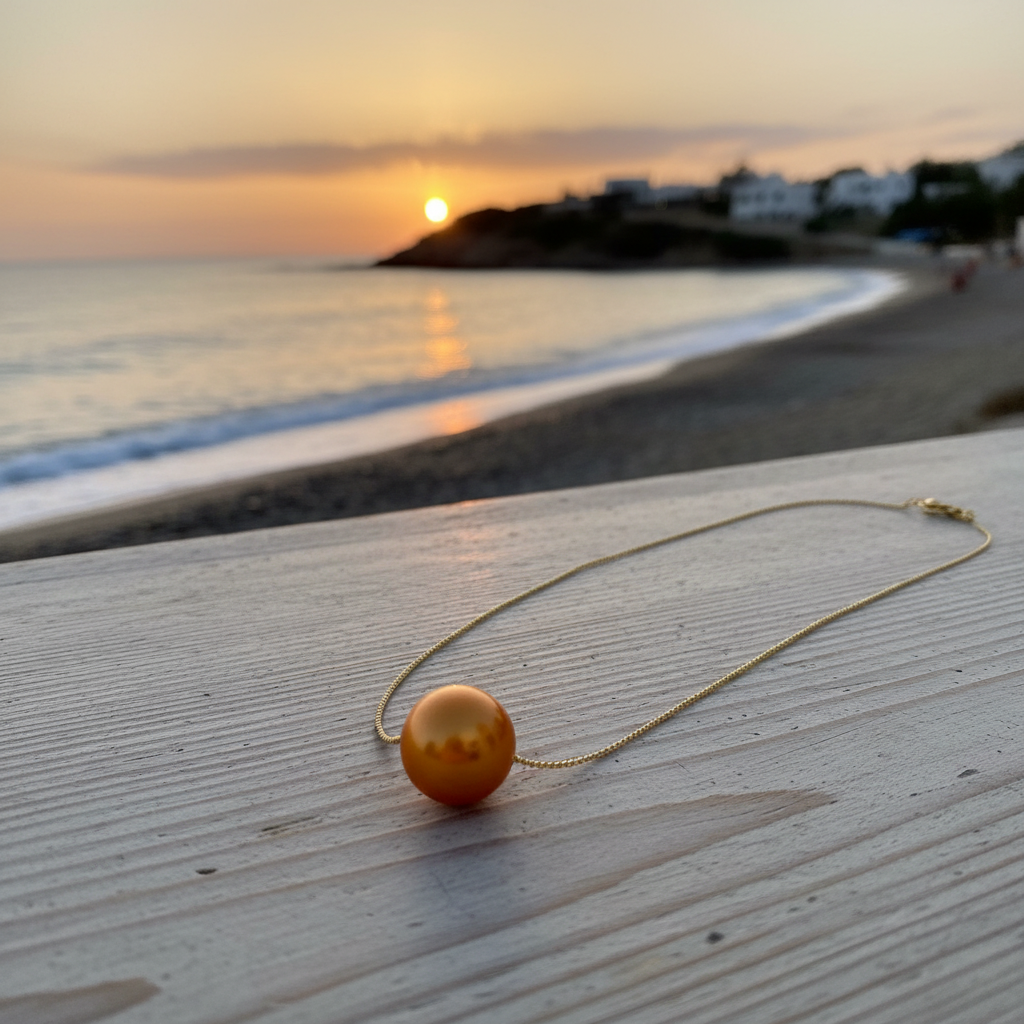 The Tangerine Petite Sphere Necklace from Chica Chica Jewelryon a wooden surface with a beach sunset in the background