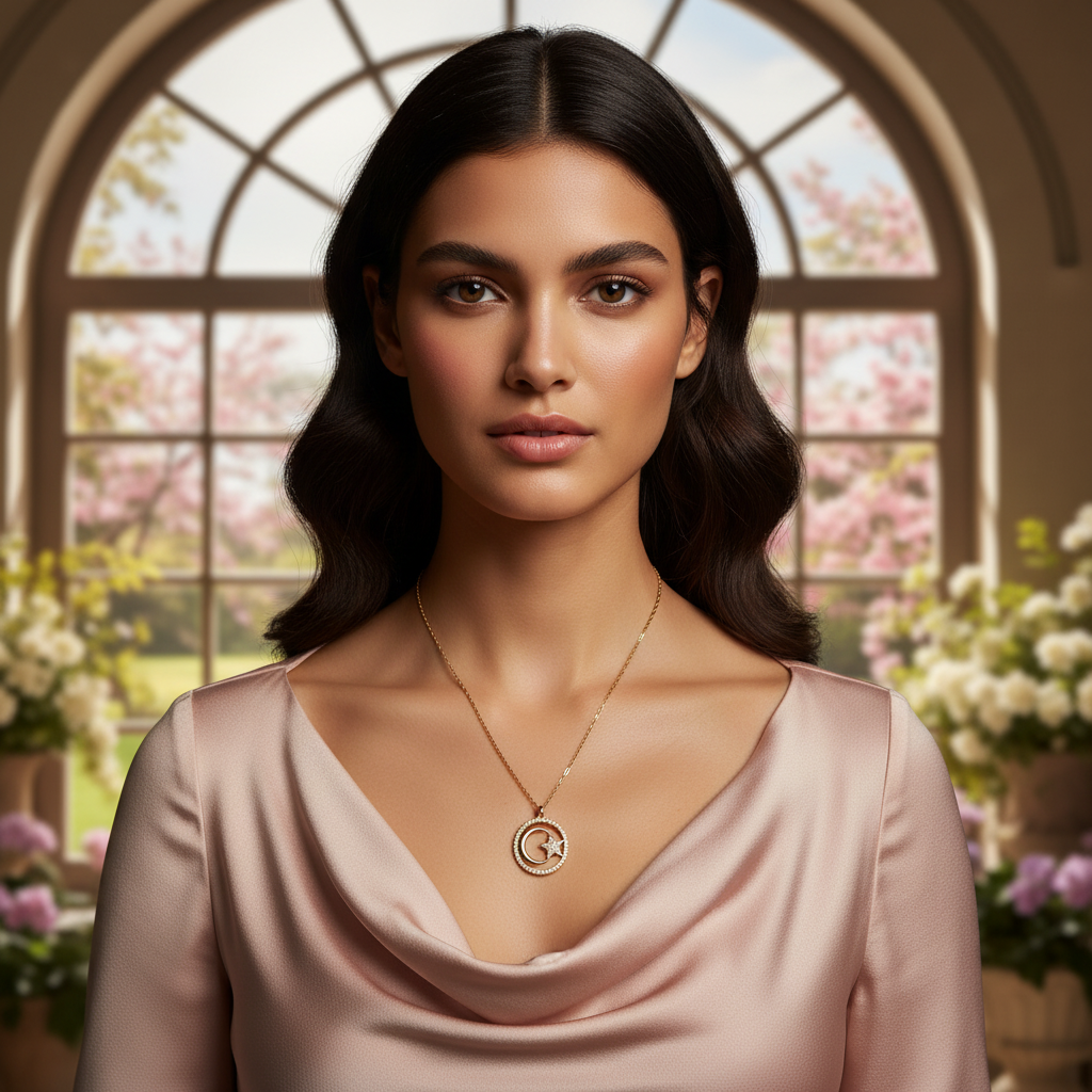 Woman wearing a necklace with a floral background