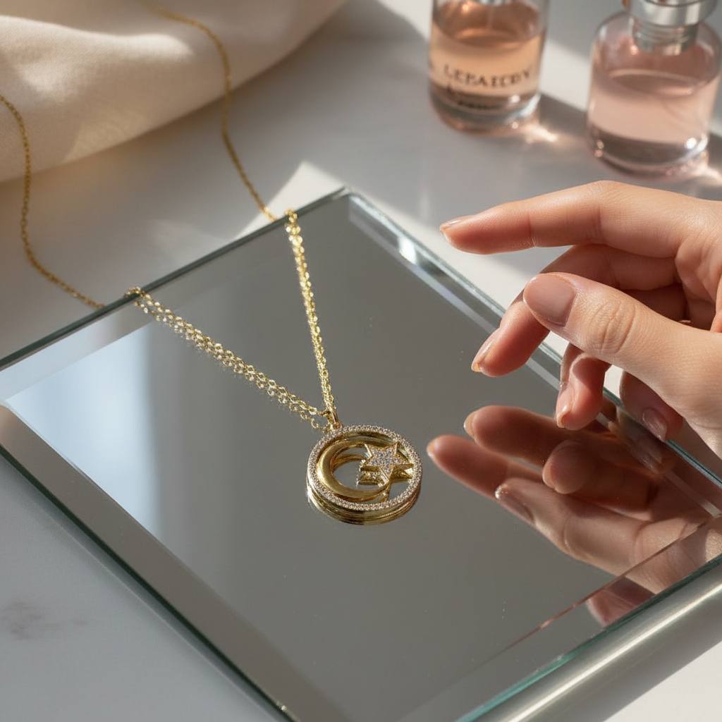 The Starluna Halo Necklace against mirror 