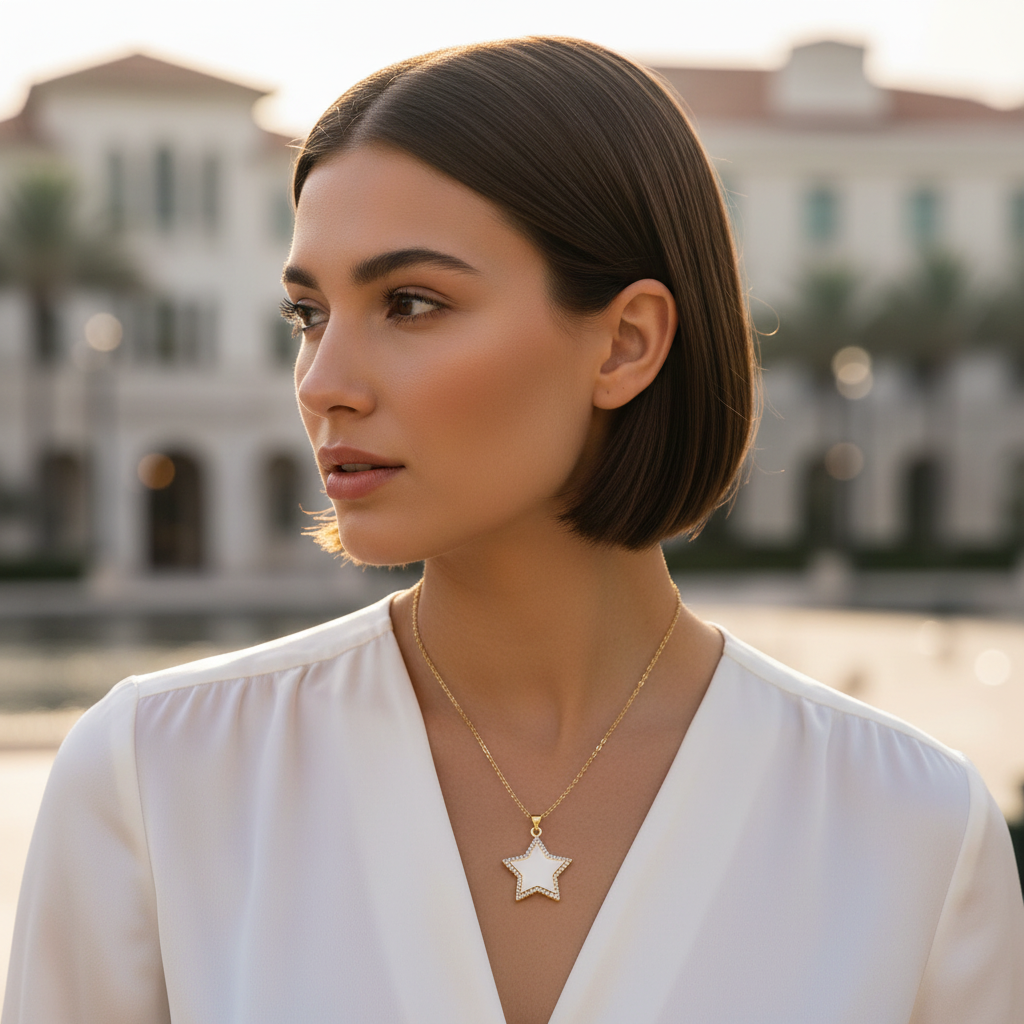 Woman wearing a white top and gold necklace with a star pendant, standing outdoors.