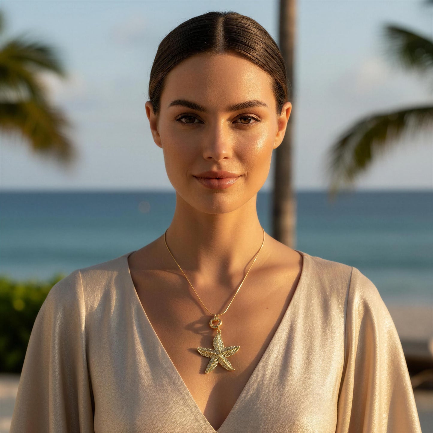 Woman wearing a starfisht pendant necklace with a beach and palm trees in the background