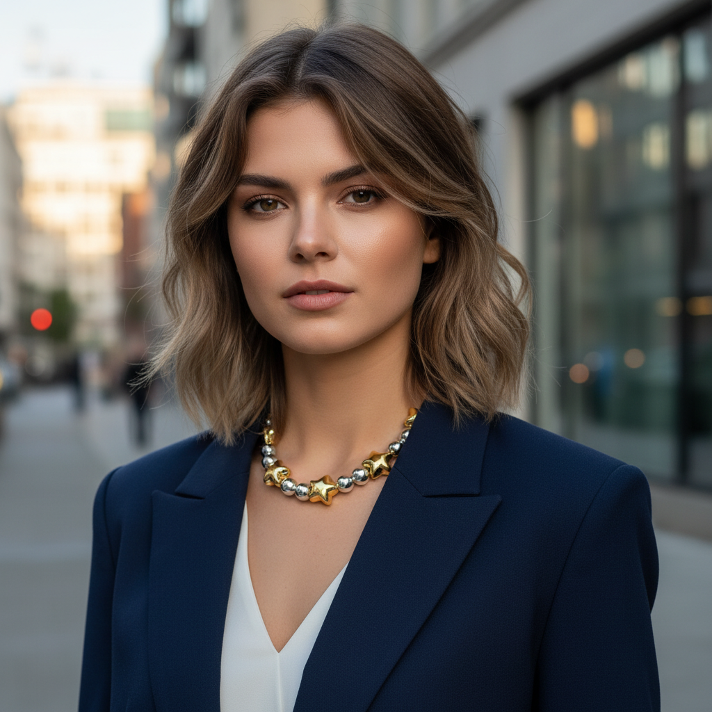 Woman wearing a blue blazer and the Stellar Harmony necklace on a city street