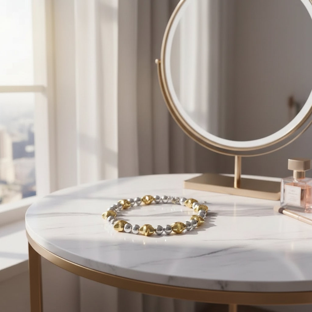 Gold and silver star bead bracelet displayed on a marble vanity surface with mirror accents in soft natural light.