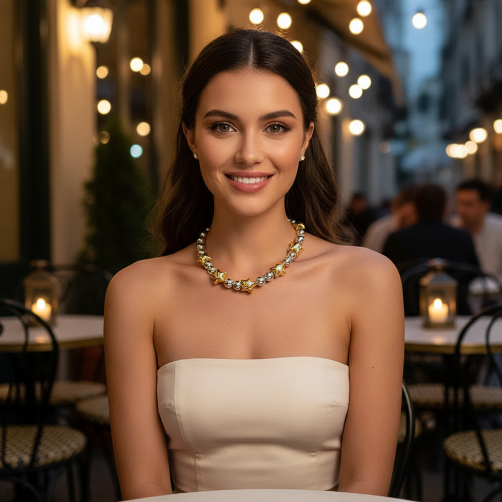 Woman in a strapless white dress with the Stellar Harmony Necklace in an outdoor evening setting